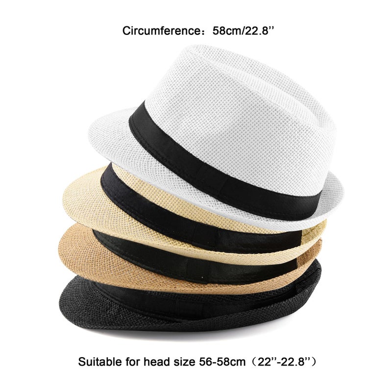 FALETO Unisex Summer Panama Straw Fedora Hat Short Brim Beach Sun Cap Classic (#011 Pack for 4 Colros) - Image 2